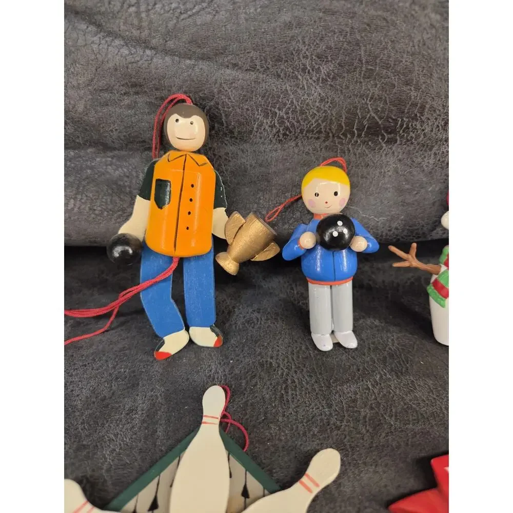 Vintage Bowling Christmas Ornament Lot Wooden Wood Snowman World Class Bowler...